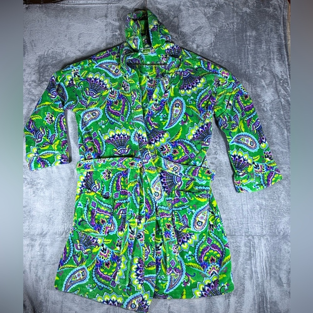 Vera Bradley Emerald Green Paisley Fleece Hooded Robe L/XL Cozy Plush Bathrobe